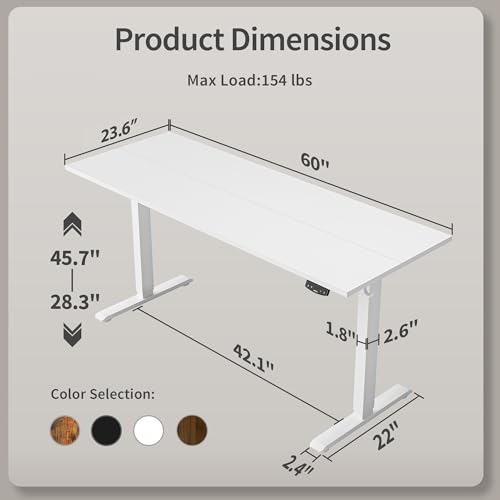 Image of Agilestic Electric Standing Desk, 60 x 24 Inches Height Adjustable Desk, Sit Stand up for Work Office Home, Ergonomic Rising Computer Table with Memory Preset, White