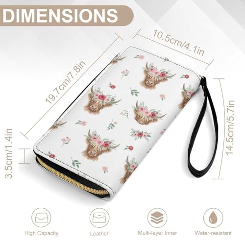 Womens Wallet, Waterproof Pu Leather Card Holder Organizer Floral Cattle Highland Cow Zipper Long Purse with Multiple Card Slots2