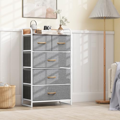 GIANTEX Cajonera con 4/5/7 Cajones de Tela Plegables, Cómoda con Estructura de Acero y Tablero de Madera, Mueble de Almacenamiento para Salón, Dormitorio (Gris, 5 Cajones)