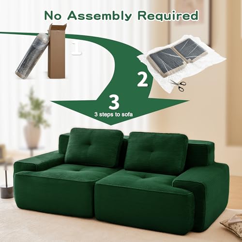 Image of 82 inch Modern Modular Boneless Couch for Living Room, 2 Seat, Soft Corduroy Fabric, Deep Seat Cloud sectional Sofa with Pearl Like Piping and Tufted Design, No Assembly, Anti Slip, Green