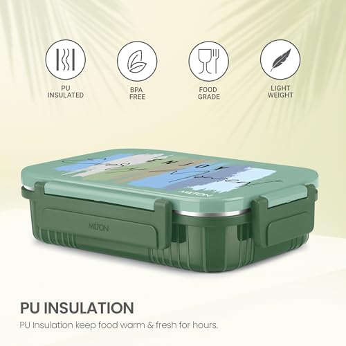 Image of MILTON Meal Safe 3 Inner Stainless Steel Tiffin Box for School with Steam Release Plug | PU Insulated, Leak-Proof, Food Grade I Lunch Box for Kids Boys, Girls with Snap Lock Lid, 630 ml, Dark Green