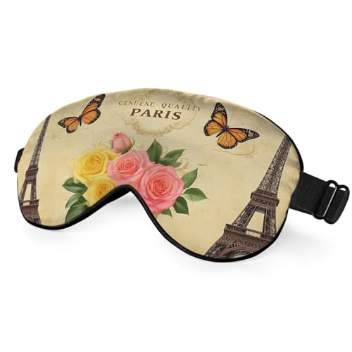 NOHSHE Eiffel Tower Eye Mask Sleeping Mask Vintage Paris Postcard Flower Butterfly Sleep Masks Silky Soft Eye Cover for Women Men Shading Blindfold for Air Travel Sleeping