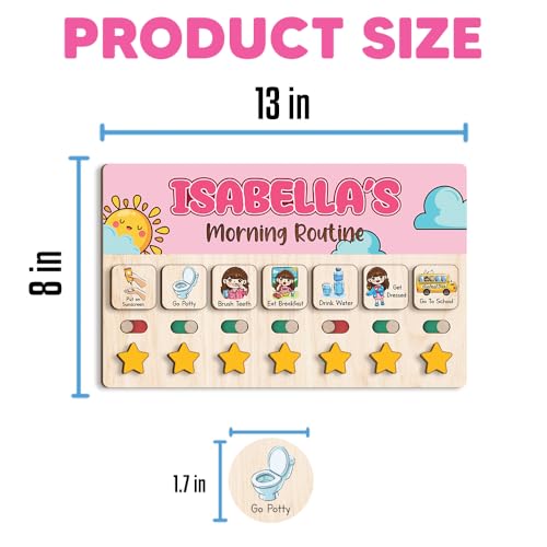 Image of Personalized Wooden Chore Chart for Kids, Daily Routine Chart for Toddlers, Visual Schedule for Kids Age 3-5, Morning Bedtime Routine for Girls (01)