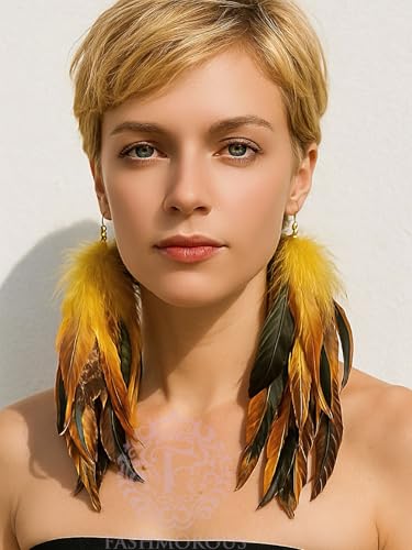 Boho Yellow Feather Earrings for Women – Long Lightweight Statement Dangle Earrings for Festival, Gifts & Summer Style – FASHMOROUS2