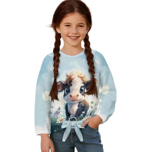 Tee Shirts for Girls 5-12T Lightweight Fall/Winter Pullover Tops Graphic Tees with Front Tie Long Sleeve Clothes