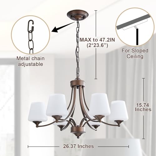 Image of 6-Light Farmhouse Chandelier Oil Rubbed Bronze Pendant Light Fixture with Frosted Glass, Rustic Ceiling Lighting Modern Hanging Lamp for Dining Room Living Room Bedroom, 47.2 inch Height Adjustable