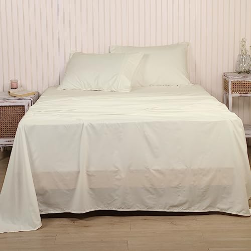 LINENWALAS 100% Pure Cotton Percale Linen Bedsheet for Super King Bed Size Bedding with Pillow Cover for Bedroom, Soft Smooth Crisp Hotel Quality Flat Sheets for Summer (120x108 Inch, Ivory)