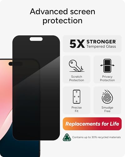 Image of ZAGG Glass Elite Privacy Screen Protector for iPhone 16 Pro - 2-Way Privacy Filter, Ultra-Strong Tempered Glass, 5X Stronger, Smudge-Free, Easy Install, InvisibleShield, Recycled Content