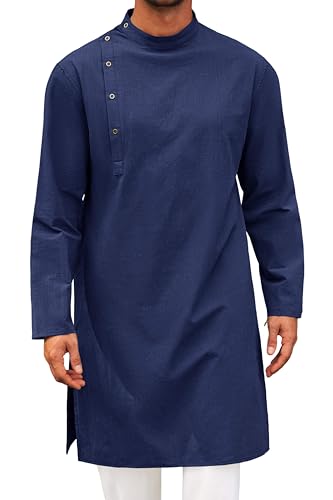 Runcati Mens Kaftan Thobe Robe Long Sleeve Cotton Henley Shirt Casual Muslim Gown Salwar Kurta