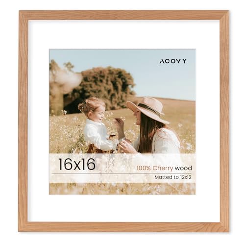 16x16インチの写真フレーム、無垢材のチェリーウッド16x16インチのフォトフレーム、16x16インチの正方形の写真フレーム、16x16インチのフレーム、マット12x12インチ、HD強化ガラス、16x16インチの木製フレーム(ナチュラルチェリーカラー、1パック)