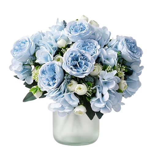 CSGHMM 2PCS Artificial Flowers Fake Peonies Silk Light Blue Embroidered Ball Bouquet Decoration Plastic Peonies Realistic Flower Arrangement Wedding Decoration.