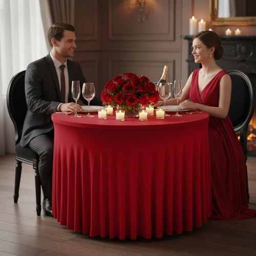 Image of HolidayIdeas 6 Pack Red Spandex Table Skirt for 60 Inch Round Tables, Fitted Stretch Tablecloth for 5 Ft Circular Tables, Wrinkle Resistant Ruffle Design for Valentine's Day, Monther's Day, Weddings