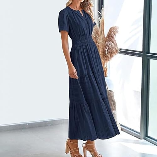 Women's Elegant Tiered Maxi Dress, Short Sleeve V-Neck, Empire Waist, Cotton, Casual Summer Dress ﻿3