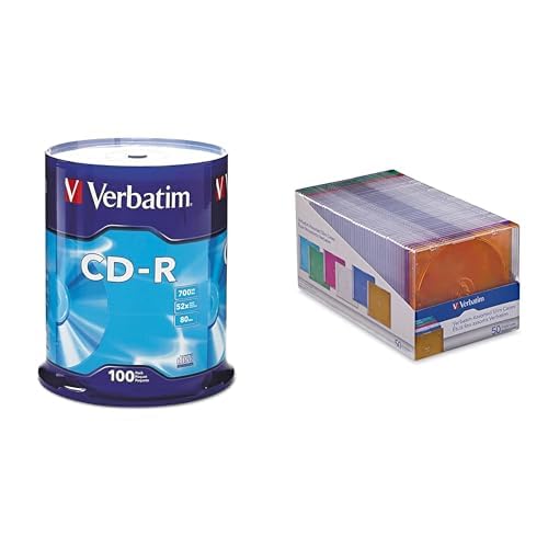 Verbatim CD-R 100 Discs Spindle + 50 Slim Storage Cases Assorted Colors – Data &amp; Music Recording Bundle