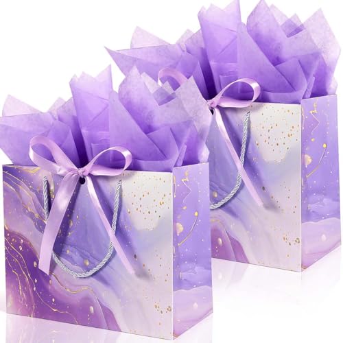 Lot de 2 sacs cadeaux violets - Taille M - Avec carte de vœux et papier de soie - Sac d'anniversaire avec anse - Pour filles et femmes - Sacs en papier pour anniversaire, mariage, fête, Saint-Valentin