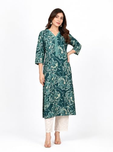 Image of Rimeline Women's Cotton Printed Kurta with Lace-Trim V-Neckline | Straight Fit Ethnic Wear for Festive, Casual & Office Use