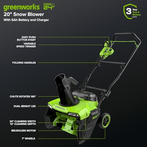 Greenworks 40V 20'' Brushless Snow Blower with (1) 5Ah Battery and Fast Charger