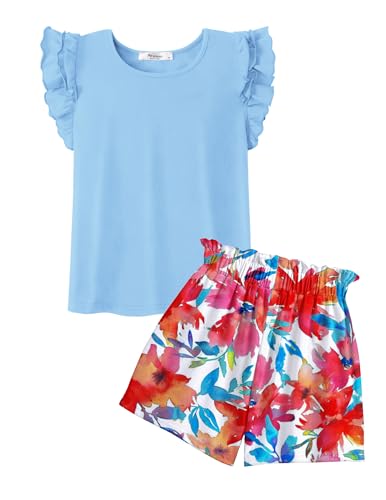 Image of Arshiner Girls 2 Piece Outfits Summer Clothes Ruffle Short Sleeve Shirts Top and High Waist Paper Bag Shorts Set with Pockets