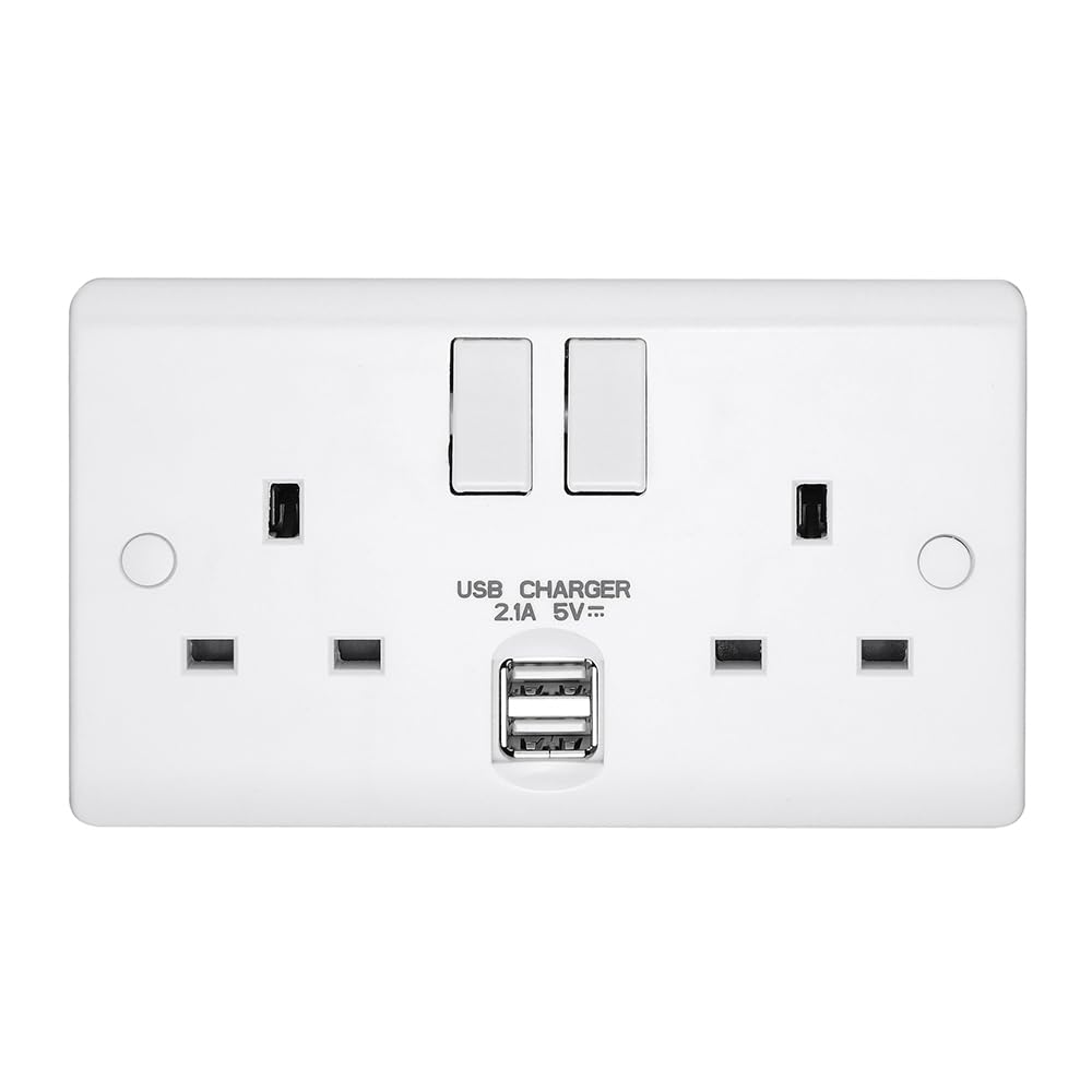Volex Casa D1500USBNR 2 Gang Switched Socket with Dual USB Charging Port 13A White