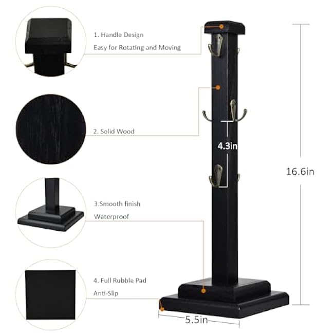 EMASON Coffee Mug Tree Stand Solid Wood Holder for 6 Mugs Black