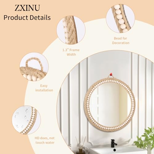 Zxinu Boho Wall Mounted Circle Mirror, Hand-Woven Hemp Rope With Wooden Beads Decorative Mirror thumb #2