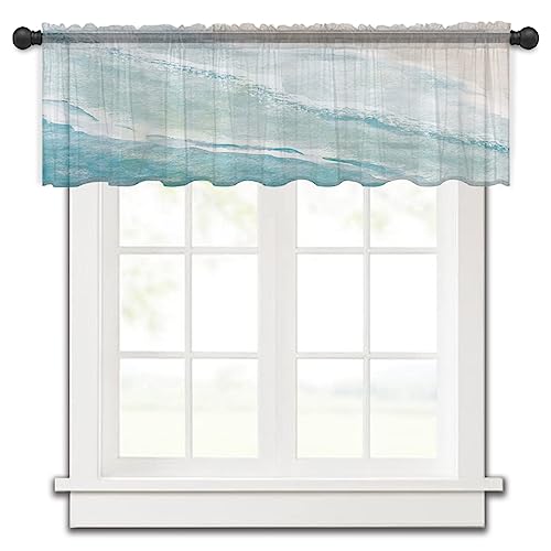Pinroote Summer Beach Sheer Valance, Ocean Coastal Light Filtering Kitchen Curtain Valances, Nautical Seaside Aqua Beige Chiffon Rod Pocket Living Room/Bedroom/Cafe Curtains 54"x18"