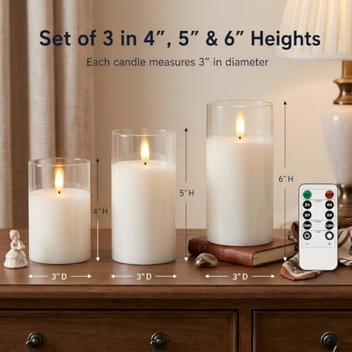Image of Pure White Glass Flameless Candles with Remote, Set of 3 | Clear Glass, Pure White Wax, 2 /4 /6 /8H Timer, Battery Operated LED Pillar Candles, Wedding Home Decor
