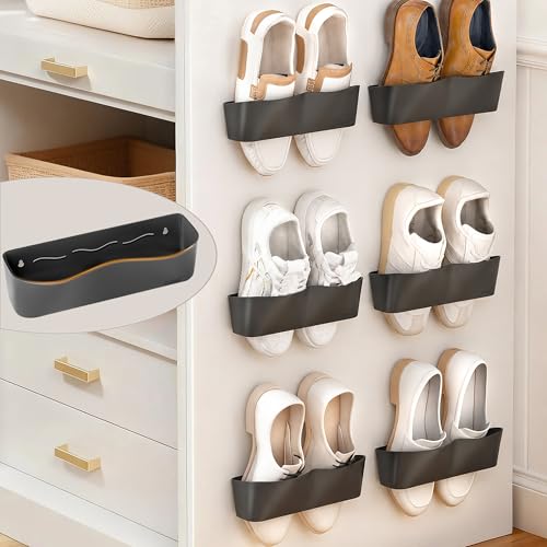 DegMongee Wall Mounted Shoe Rack Adhesive & Drill Mount Hanging Shoe Organizer Plastic Shoe Storage for RV Camper Closet & Door Patent Protected PATENT PROTECTED Black-6Pack