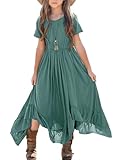 Seechoslo Tween Girls Maxi Dress Short Sleeve Casual Flowy Boho Style Summer Long Dress for Girls Big Kids Size 8-14 Years (US, Age, 10 Years, Green)