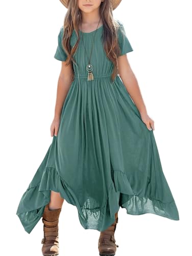 Seechoslo Tween Girls Maxi Dress Short Sleeve Casual Flowy Boho Style Summer Long Dress for Girls Big Kids Size 8-14 Years (US, Age, 10 Years, Green)