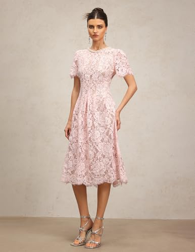 Pink Short Sleeve Trim Round Neck Date Night Dress Midi Floral Embroidered Plaeted A Line Lace Dress4