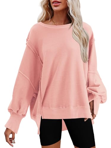 Nirovien Womens Oversized Crewneck Sweatshirt Side Slit Long Sleeve Pullover Slouchy Fit Tops(Peach Pink,L)