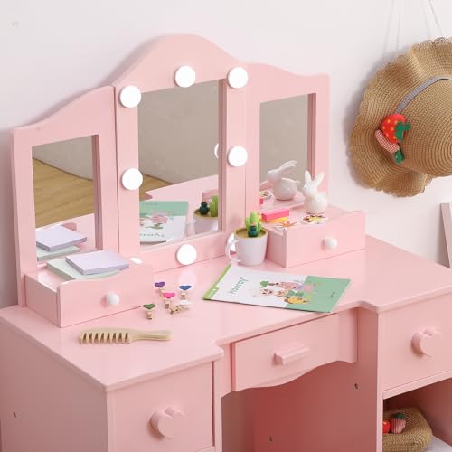 Kids Vanity Set With Mirror, 2-In-1 Wooden Toddler Vanity Table With Stool, Tri-Folding Mirror & Drawer,Princess Pretend Play Makeup Vanity Princess Makeup Desk Dressing Table for Little Girls