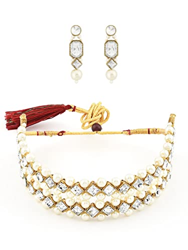 ZAVERI PEARLS Gold Tone Kundan Studded & Pearls Woven Choker Neck...