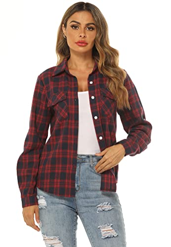 Ietaoo Damen Karo Bluse Kariertes Hemd Blusenshirt Langarm Casual Boyfriend Hemdbluse Oberteile Elegant Flanell Bluse Hemden A-Navy blau M