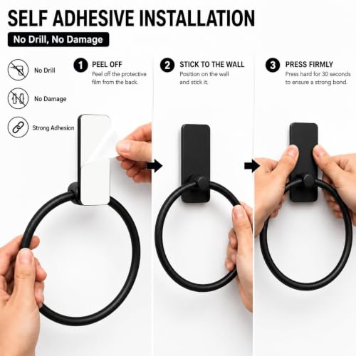 Image of iSTAR Stainless Steel Self Adhesive Round Towel Ring | No Drilling Wall Mounted Bathroom Accessories | Napkin Hand Towel Holder for Kitchen, Wash Basin, Home and Hotels (Black Finish) (Pack of 2)