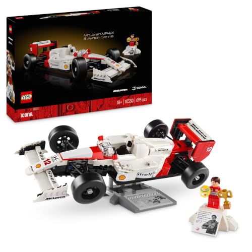 LEGO Icons McLaren MP4/4 & Ayrton Senna Modellauto Set F1 Rennwagen Bausatz für Erwachsene mit Rennfahrer Mini-Figur Sammlerstück Geschenk-Idee zum Geburtstag für Männer Frauen Ihn & Sie 10330