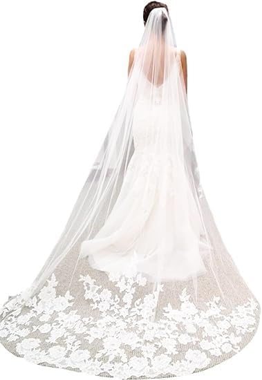 UNIQUE BRIDAL ACCESSORIES Single Tier Wedding Veil For Bridal Chapel Veil With Patch Work With Comb Attach Easy To Wear Comfertable Of All Type Hair (3Meter Off White)-image-10