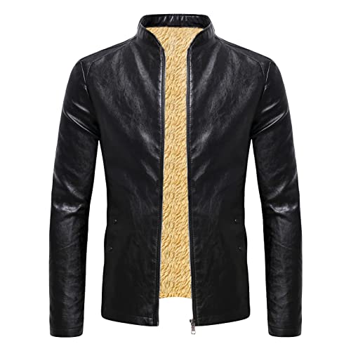 Maiyifu-GJ Men's Stand Collar Faux Leather Jacket Casual Fleece Lined Motorcycle Jackets Lightweight Vintage Outwear Coat (Black,XX-Large)