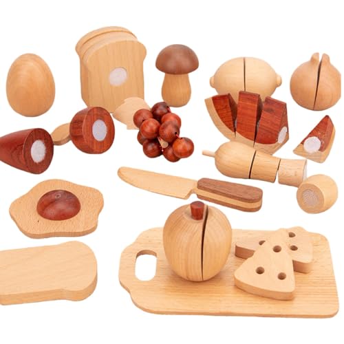 EHHE子供向け木製キッチンプレイセット、子供用オリジナル木製カラーの果物と野菜のカットゲーム、シミュレーションハウスカットゲーム、キッチン用品の果物と野菜の認識、木製おもちゃ知育玩具 安全素材 親子で楽しめる リアルなデザイン (ナチュラルウッドカットお