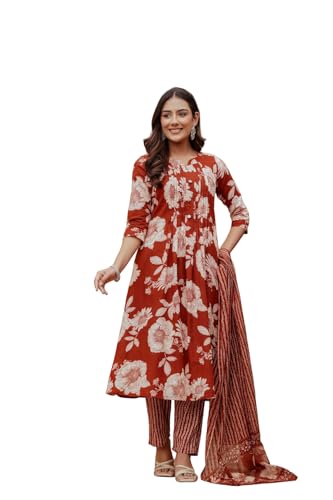 Image of NIVANA Floral Printed Kurta with Pant & Stripe Printed Dupatta | 3 /4 Sleeves | Round Notch Neck Button Detail