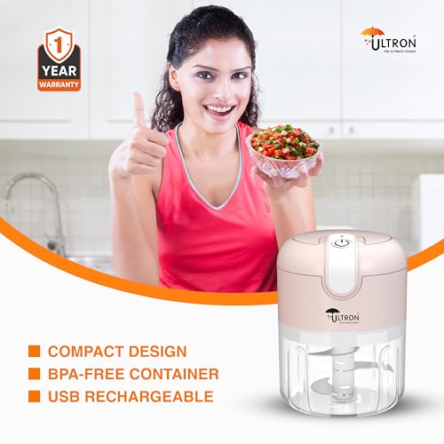 Image of ULTRON Electric Chopper | 30W Powerful Motor | 250ml Mini Vegetable Chopper | Stainless Steel Blades | One-Touch Operation | BPA-Free Container | USB Rechargeable | Portable Kitchen Chopper (Rose)