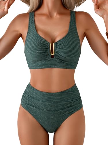 Image of Eomenie Bikini Sets for Women High Waisted Two Piece Bathing Suit U Wired V Neck Swimsuit Adjustable Straps Swimwear
