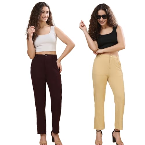 Image of Pack of 2 Women's Regular Fit Solid Cotton Blend Trousers - Soft, Breathable & Stretchable Bottom Wear for Office, Casual Outings & Daily Comfort