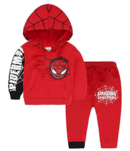 Image of Shanleaf-Cat Spider Long Sleeve Pullover Hoodie Sweatshirt Outfits Set 2 Pcs Toddler Kids Baby Boys Pants Clothing Suit (Red, 4T)