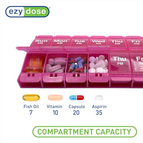 Image of Ezy Dose Weekly (7-Day) AM /PM Pill Organizer, X-Large Medicine Case, Pink | Daily Vitamin Box & Supplement Planner, 2 Times a Day Push Button Compartments, Arthritis-Friendly, Travel-Friendly, BPA-Free