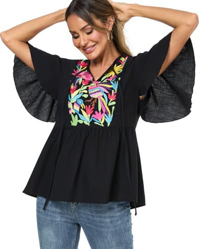 Image of Mexican Shirts Peasant Blouses for Women Cotton Embroidered Blouses Fiesta Summer Bohemian Shirts 3 /4 Sleeves