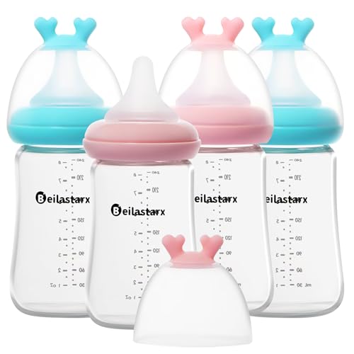 Image of Beilastarx Glass Baby Bottles with Natural Response Nipple Size M - Anti Colic Baby Bottles Wide Neck Slow Flow Baby Bottle(Multicolor, 8oz (Pack of 4))