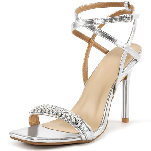 Reimferce Strappy Heels for Women Dressy: Silver 7 Comfortable Ladies Stiletto Sandals for Prom...