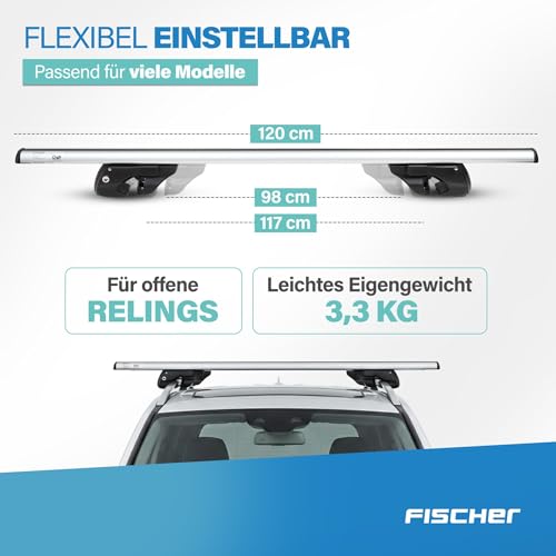 FISCHER Relingträger Topline L, für Fahrradträger, Dachboxen oder als Skihalter, für offene Dachrelinge, Aluminium, Tragkraft 90 kg, vormontiert, inklusive Schloss, Barrenstärke 45 x 28 mm, Barrenlänge 120 cm